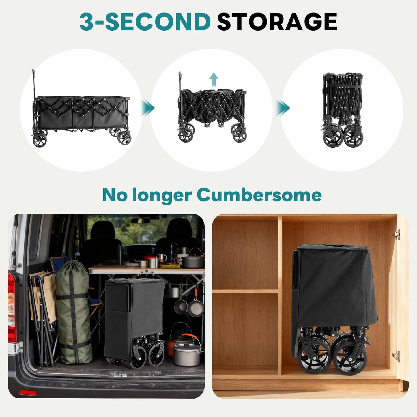 OLIXIS Collapsible Wagon Cart - 440lbs Foldable Extra Long Heavy Duty Utility Wagon with Wheels, Portable Storage Grocery Cart for Camping, Shopping, Sports, Beach, Garden (Black, 48" L)