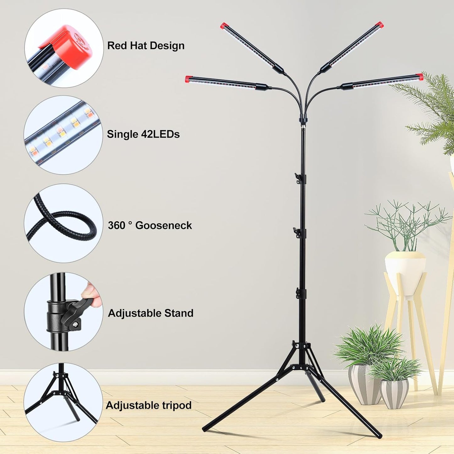 4-Head Tripod Stand Grow Lights for Tall House Plants, Seed Starting, Bonsai Tree with Timer, 36W Standing LED Plant Growing Lamps, Enough High-Intensity Like Sun, Best Gift for Plants Lover