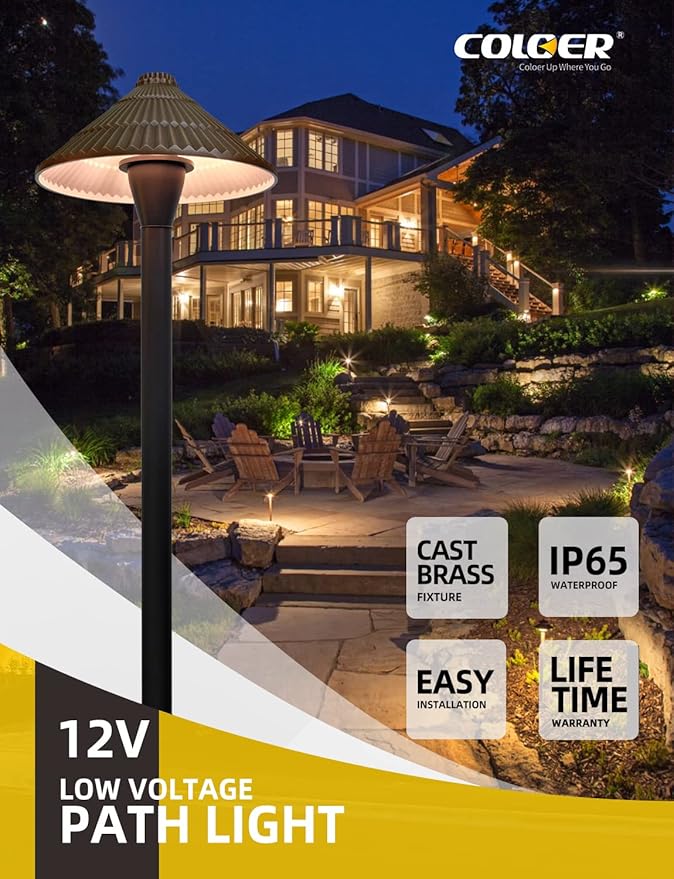 COLOER 4-Pack 12V Brass Outdoor Low Voltage Pathway Lights for Outside(Bronze,23" Tall, 7.5" Shade) with 2W 2700K G4 LED Bulb(604B)