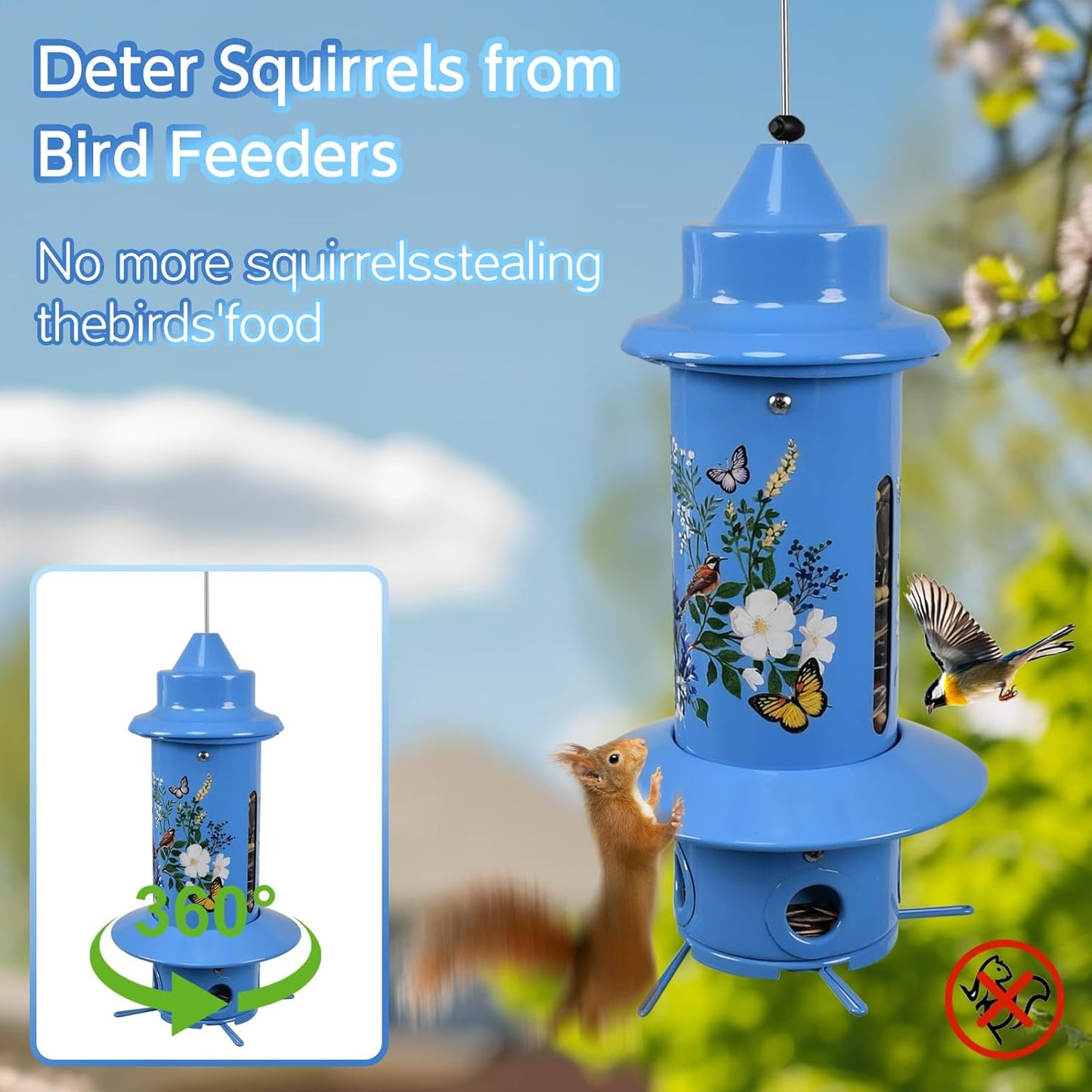 Squirrel Proof Bird Feeders, Long Lasting Bird Feeder for Outdoors, Reliable and Rust Resistant Metal Station for Prevents Squirrels from Stealing Food,5LB Large Capacity,Blue