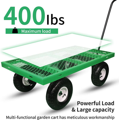 AAIN 400 lbs Metal Garden Cart,Heavy Duty Garden Wagon with Removable Steel Mesh Sides, Utility Yard Cart with 180° Rotating Handle and 10-inch Wheels—Perfect for Gardens, Farms, and Yards, Green