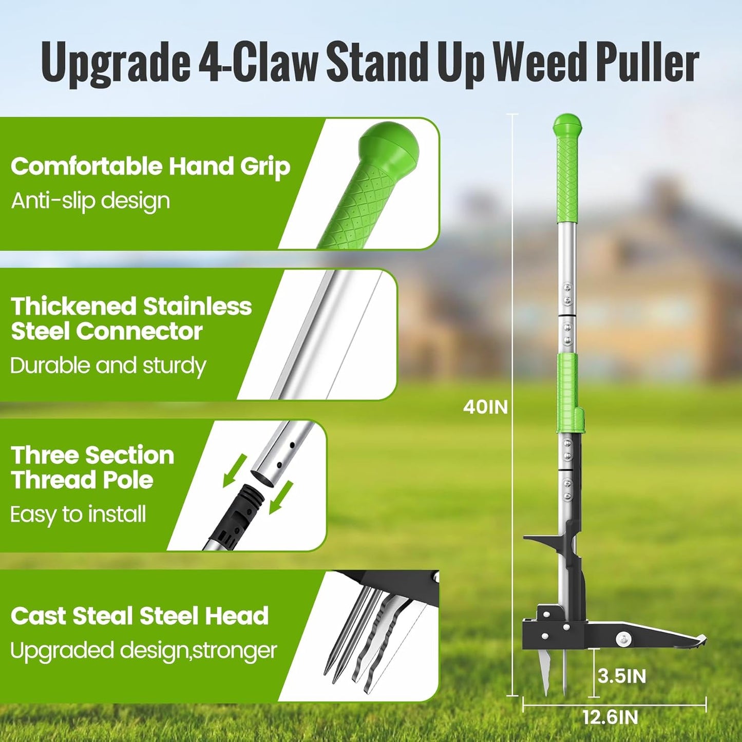 Weed Puller Tool - Dandelion Weed Puller Tool Stand Up Heavy Duty,Made with 40''Long Handle & Quick-Release Weed Ejector Mechanism & 4 Robustness Manganese Steel Claws,Hard to Break