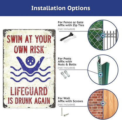 Pool Sign-'Swim at Your Own Risk'-Vintage Metal Funny Metal Signs for Decor Outdoor,Funny Pool Sign for Outside 8x12 Inch