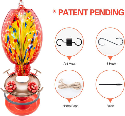 Muse Garden Glass Humming Bird Feeders for Outdoors - 27OZ Blown Glass Hummingbird Feeder - Unique Gift for Mom Bird Lovers Women, Outdoors Hanging Garden Decor, Includes Ant Moat & Brush, Red Phoenix