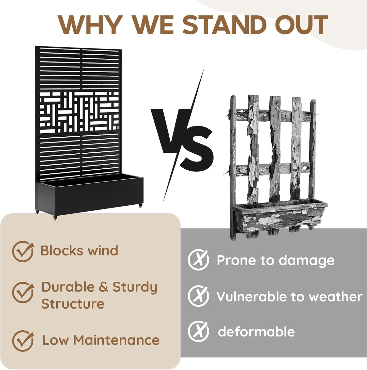 Metal Raised Garden Bed with Trellis & Wheels,72" x 47"x 15.7" Planter Box with Trellis,Privacy Planters for Patio,Garden Bed for Climbing Plants,Suitable for Climbing Plants and Vegetables,Black