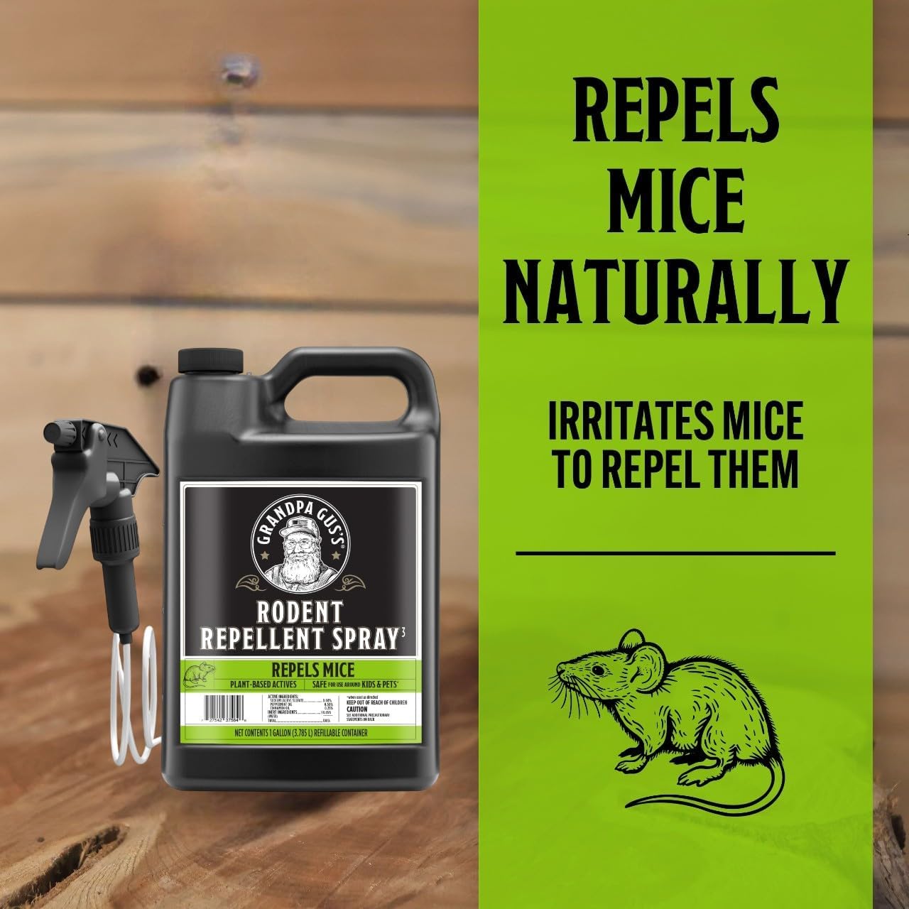 Grandpa Gus's Rodent Repellent Spray with Sprayer, Natural Peppermint & Cinnamon Oils Repel Mice and Stop Rats, 1 Gallon (Pack of 1)