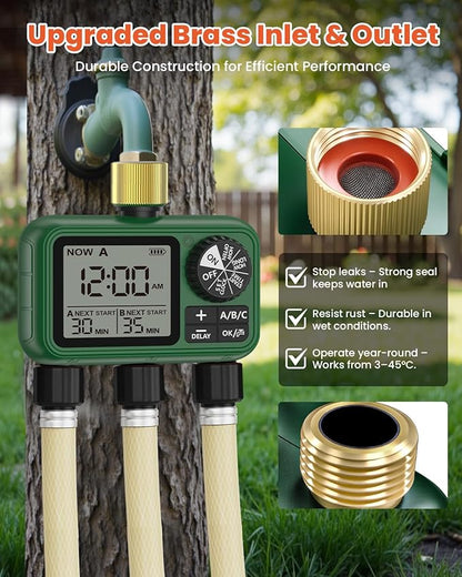 3 Outlet Sprinkler Timer Brass, XinFuture Programmable Water Sprinkler Controller for Yard, Lawn & Greenhouse, Automatic/Manual/Rain Delay Mode, Compatible with Drip Irrigation Systems