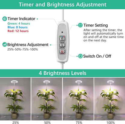 LORDEM Full Spectrum LED Grow Light, 72 LEDs, 4 Brightness Settings, Auto On/Off Timer, Height Adjustable, Ideal for Indoor Plants