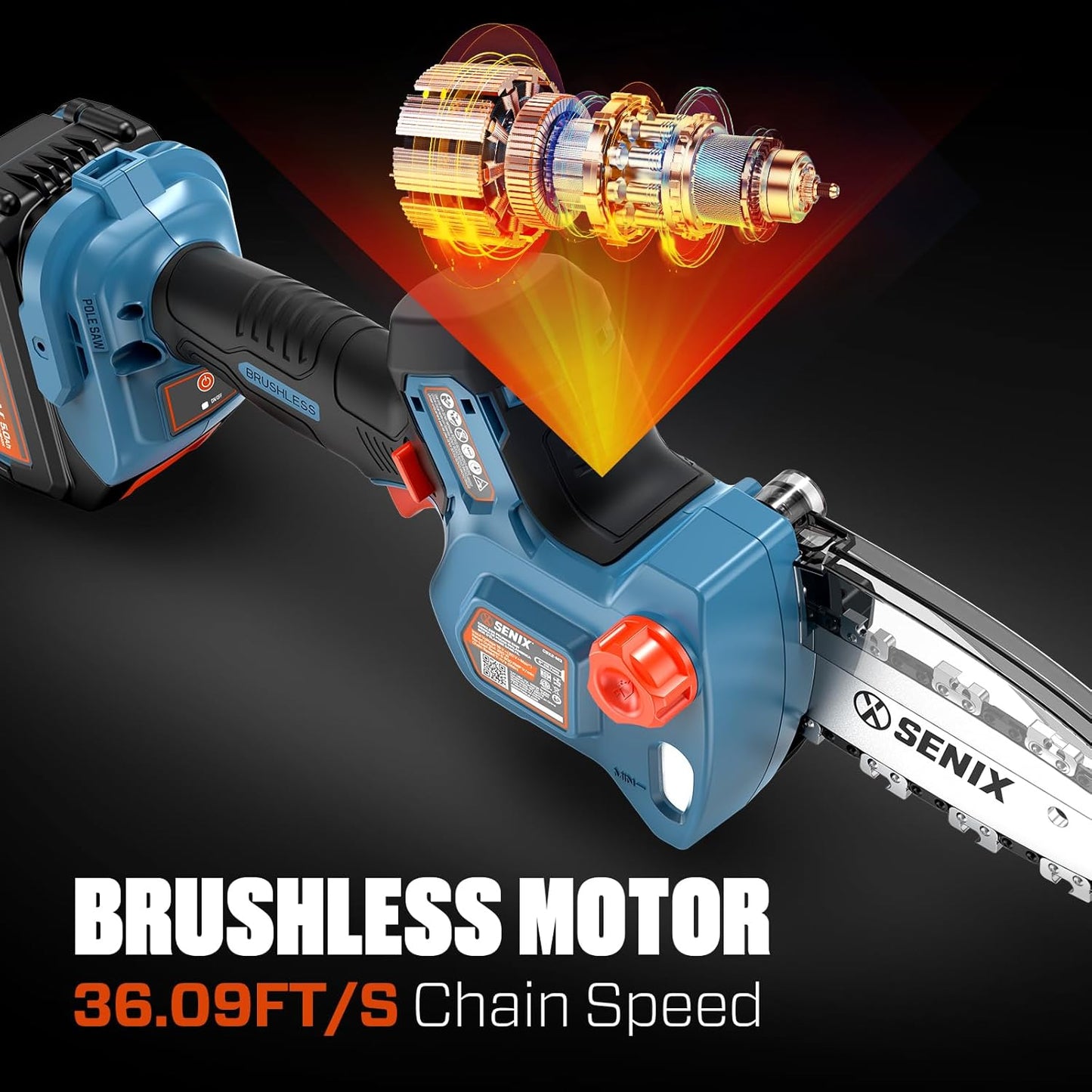 SENIX 20V 5" Mini Electric Chainsaw, Cordless Battery Powered Chainsaw, Brushless Small Handheld Portable Chain Saw, Best Gift for Men Dad Husband Fathers Gardener, Tool Only, CSX2-M3-0