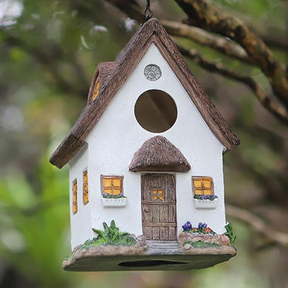 Rustic Cottage Birdhouse with Thatch Roof – Hand-Painted Resin Outdoor Bird House for Small Birds, Weatherproof Garden Decor for Backyard or Patio
