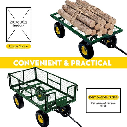 Steel Garden Cart, 2-in-1 Heavy Duty Utility Wagon 900 LBS Capacity Carts with Removable Mesh Sides to Convert into Flatbed, 240° U-Turn 10" Pneumatic Tires Garden Wagon for Lawn Camping Farm Yard