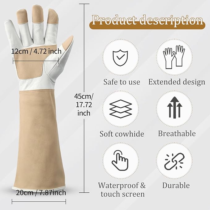 Long Gardening Gloves Men & Women Breathable Cowhide Leather Rose Pruning Thorn Proof Durable Heavy Duty