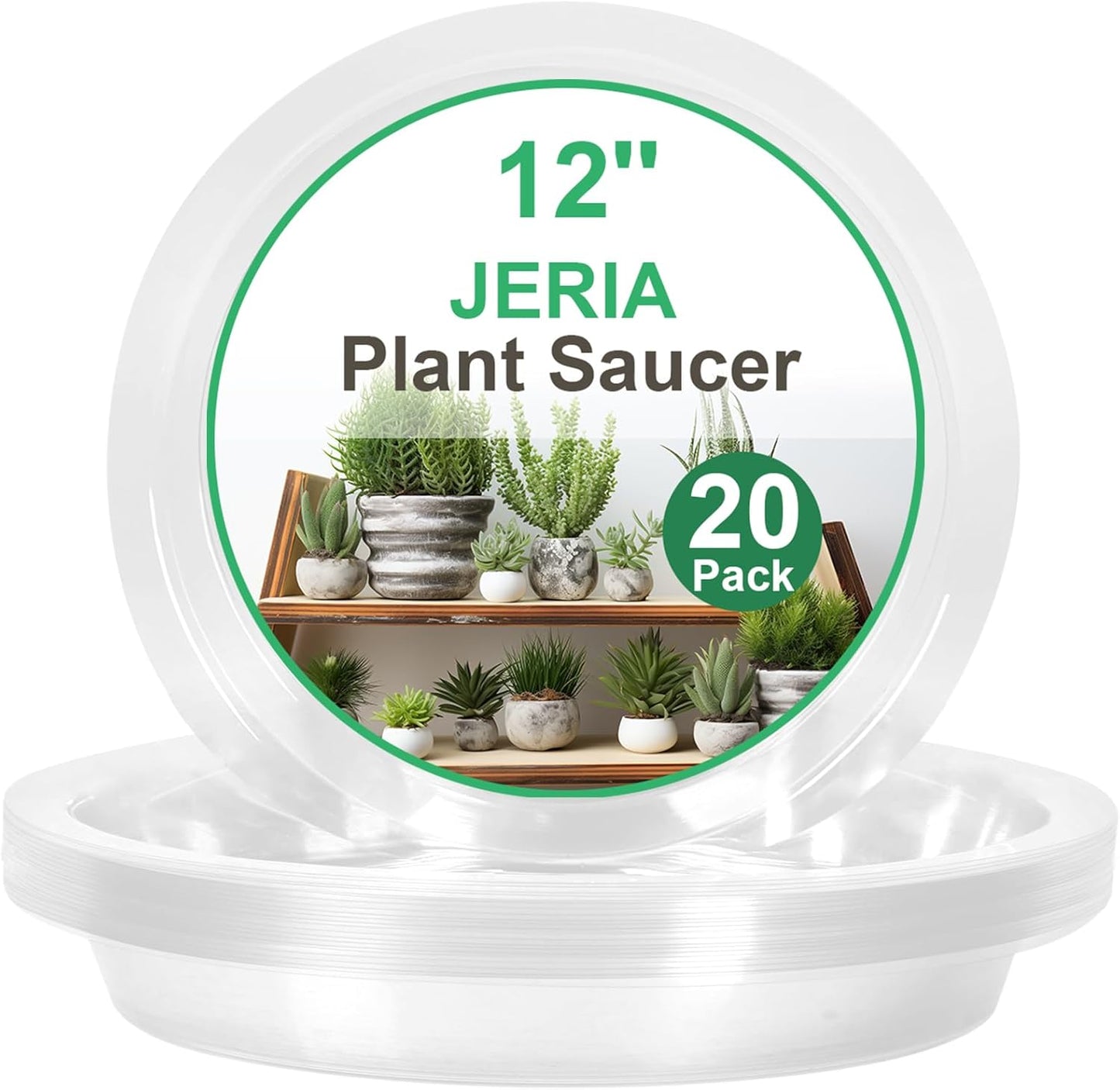 JERIA 12 Inch 20 Pack Clear Plant Saucers,Plastic Flower Pot Trays,Round Durable Plant Drip Trays for Indoor and Outdoor
