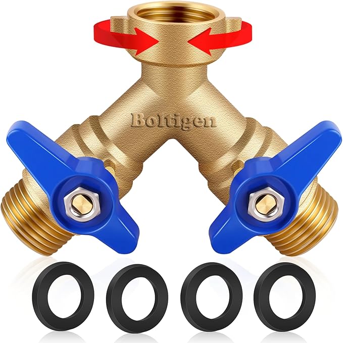 Boltigen Garden Hose Splitter Full Flow Port 2 Way Heavy Duty Brass Y Type Hose Connector 3/4'' GHT Thread Water Hose Shuf Off Valve Adapter Fitting, for Outdoor Faucet Irrigation House Sprinkler