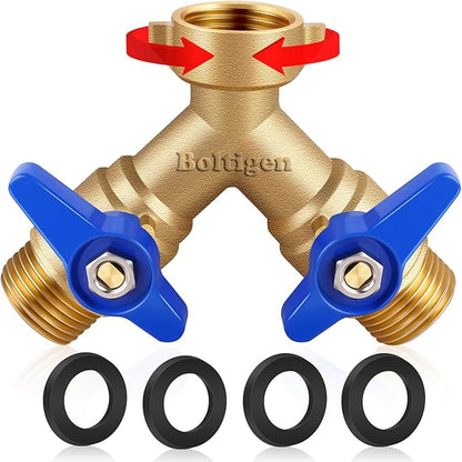 Boltigen Garden Hose Splitter Full Flow Port 2 Way Heavy Duty Brass Y Type Hose Connector 3/4'' GHT Thread Water Hose Shuf Off Valve Adapter Fitting, for Outdoor Faucet Irrigation House Sprinkler