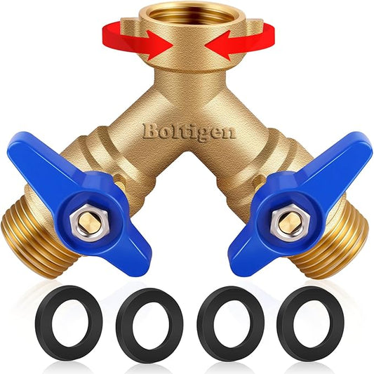 Boltigen Garden Hose Splitter Full Flow Port 2 Way Heavy Duty Brass Y Type Hose Connector 3/4'' GHT Thread Water Hose Shuf Off Valve Adapter Fitting, for Outdoor Faucet Irrigation House Sprinkler