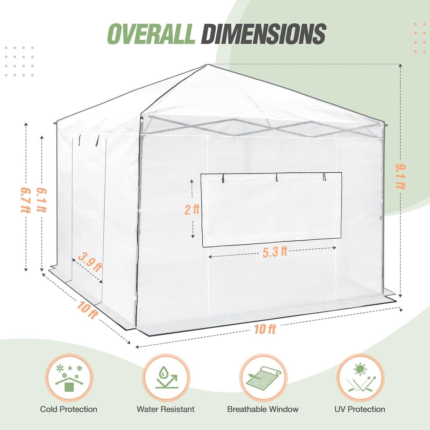 EAGLE PEAK Instant Pop-up Greenhouse, Indoor Outdoor Plant Gardening Green House, Roll-Up Zipper Doors and Side Windows, Walk in 10x10 ft, White/Clear