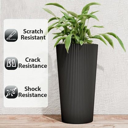 23.6" Tall Planters for Outdoor Plants,Large Outdoor Planters for Front Porch Decor with Drainage Hole, Flower Pots Fits Indoor Plants Patio/Garden, Plastic Striped Black (2 Pack)