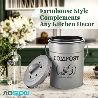AOSION Countertop Compost Bin Kitchen,Odor Resistant Indoor Compost Bin with Lid and Compost Bags,Compost Bucket Composter Container for Food Waste,Grey