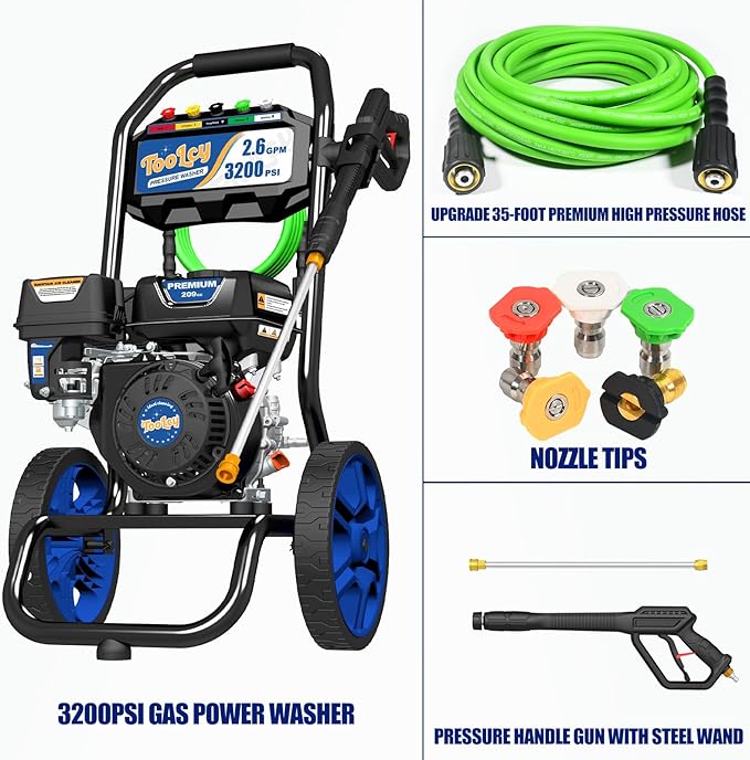 TOOLCY 3200 PSI Gas Pressure Washer, 2.6 GPM Gas Powered Power Washer Reinforced Pump & 209cc OHV Engine, 35FT Pressure Hose, Quick Connect Swivel Pressure Gun, 5 Nozzles for Homes (No Soap Tank)