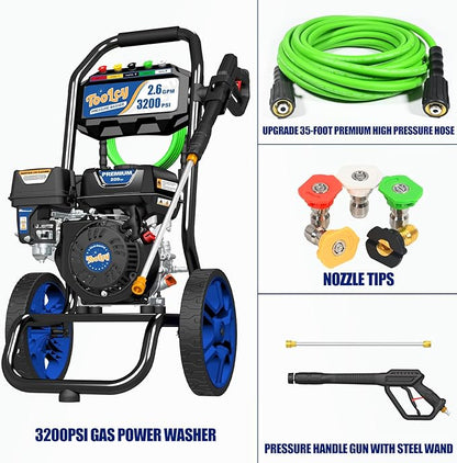 TOOLCY 3200 PSI Gas Pressure Washer, 2.6 GPM Gas Powered Power Washer Reinforced Pump & 209cc OHV Engine, 35FT Pressure Hose, Quick Connect Swivel Pressure Gun, 5 Nozzles for Homes (No Soap Tank)