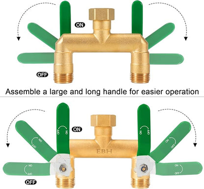 EBH Garden Hose Splitter, 2-Way High Flow Heavy Duty Brass Outdoor Hose Manifold with Extra Long Handles Full Flow Faucet Adapter- 3/4” GHT(Green)