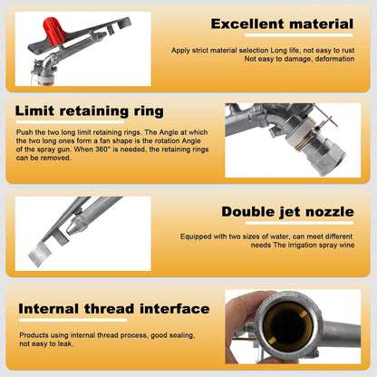 1.5" Agriculture Farm Irrigation Sprinkler Lawn Sprinkler Irrigation Spray Gun Large-Area Watering Spray 360° Rotary Farm Lawn Garden Irrigation, Pack of 2