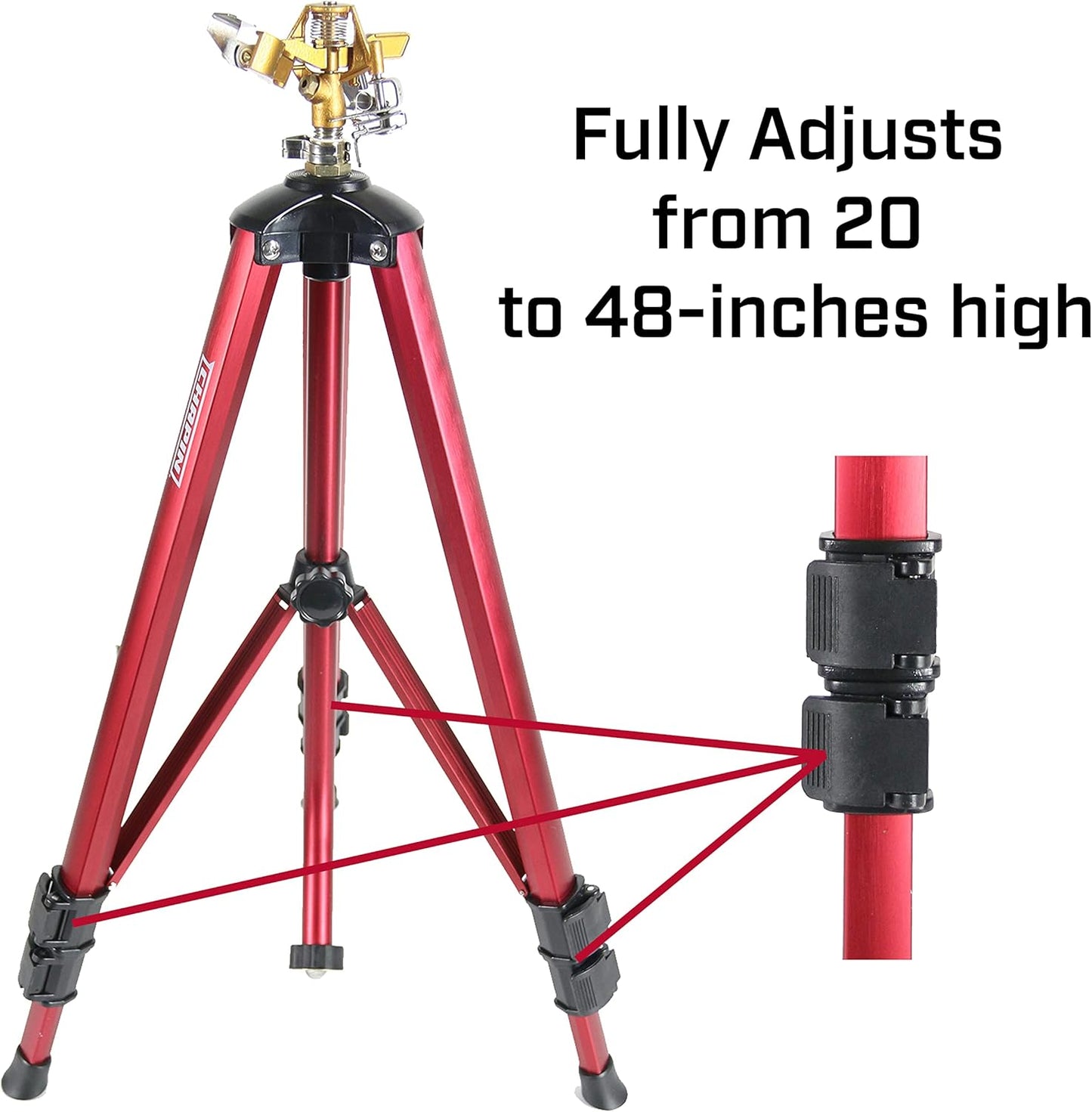 Chapin 4993: Heavy Duty Brass Head Tripod Impact Lawn Sprinkler, 360 Degree Coverage for Large Lawns, Golf Courses, Gardens, Adjustable Height, Gooseneck Hose Connection, Red and Black