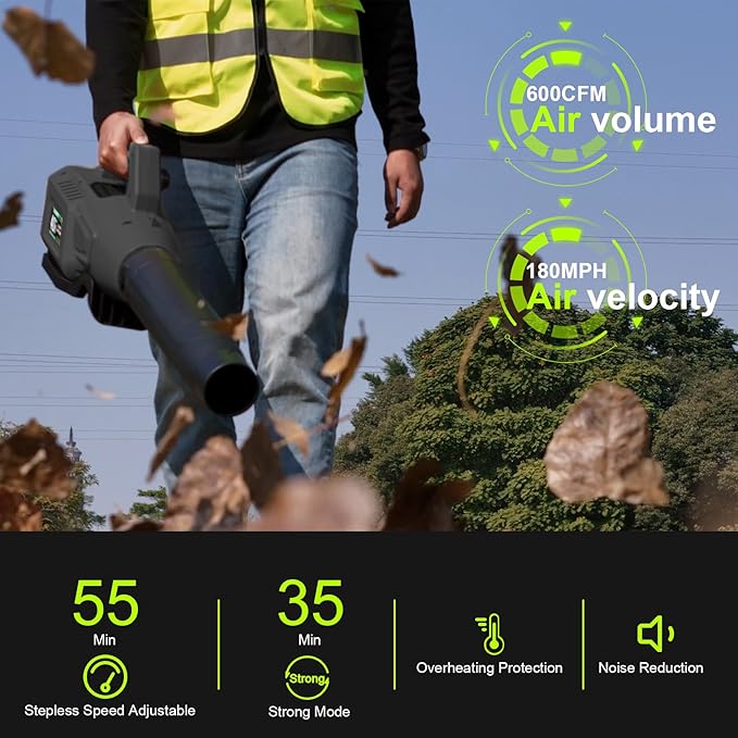 Leaf Blower Cordless with Battery - 40V Powerful Electric Leaf Blower, 600CFM &180MPH and Variable-Speed with 5.0Ah Battery and Charger for Lawn Care, Patio, Dust, Blowing Leaves (Grey)