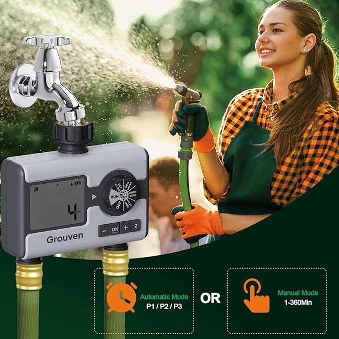 2 Outlet Sprinker Timer with Brass Inlet, Programmable Hose Faucet Water Timer for Garden Hose, Rain Delay, Manual, Automatic Watering System for Garden, Yard