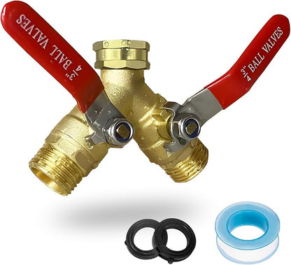2 Way Garden Hose Splitter, Solid Brass High Flow Spigot Splitter with 3/4” GHT Thread, Individual Shut-Off Valves & Long Handle, Heavy Duty Hose Manifold for Outdoor Faucet