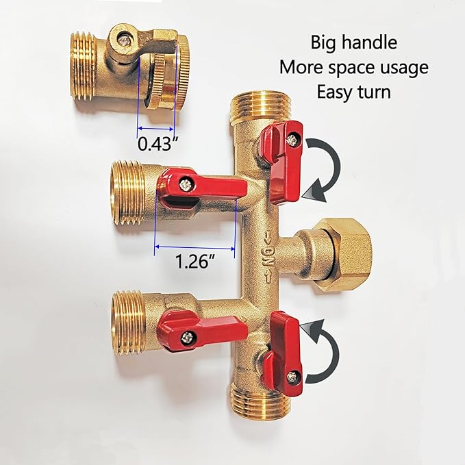 HQMPC Hose Splitter – Heavy-Duty Brass Garden Faucet Connector Garden Hose Splitter 4 Way 3/4" GHT Thread Red Handle