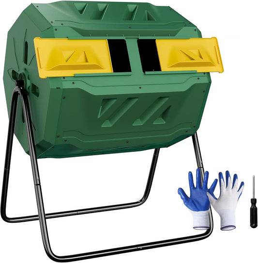 43 Gallon Large Dual Chamber Composting Tumbler Outdoor Garden Rotating Compost Bin Tumbling Composter with Sliding Door, Green