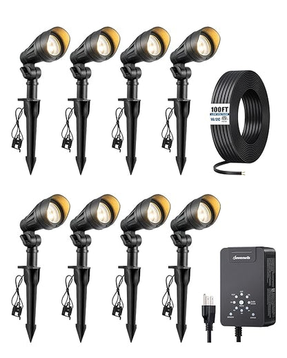 DEWENWILS 12V Landscape Lighting kit, 1x60W Transformer with Timer+8x3.2W Aluminum LED Low Voltage Landscape Spotlight Lights, 100FT Wire+8 Pack Connector for Patio Yard Garden