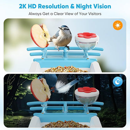 Smart Bird Feeder with Camera, Bird Feeders for Outdoors with Solar Panel, 2K HD Live View, AI Identify, Auto Capture, Instant Notifications, 2.4GHz, IP65 Waterproof, Ideal Gifts for BirdLovers, Blue