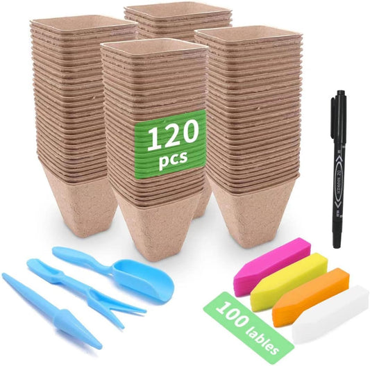 3T GROUP 120 Pack 3.15 Inch Square Small Plant Pots,Disposable Flower Pots,Mini Compostable Pot for Plant,Biodegradable Seed Planting Peat Seedling Pot Cups with 100 Labels,Tool,Pen