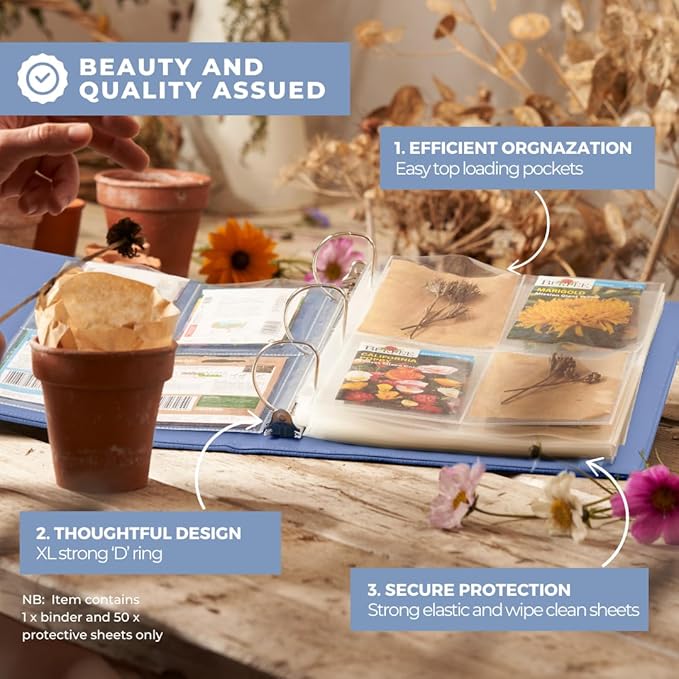 WILDGOOSE Seed Storage Organizer Binder - Seed Packet Organizer with 50 Pack Sheet Protectors That Stores 200 Seed Envelopes. (Blue)