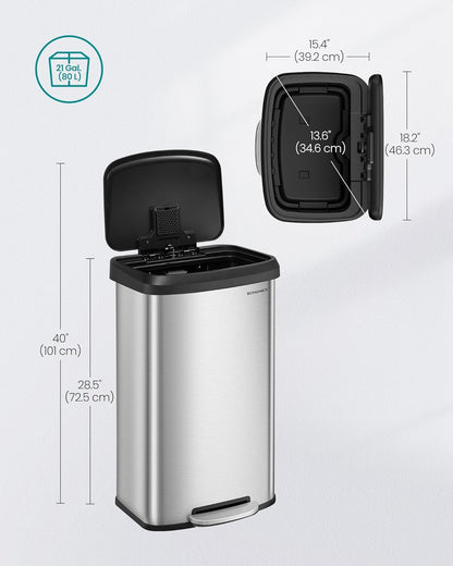 SONGMICS Kitchen Trash Can, 21 Gallon (80 L) Stainless Steel Garbage Can, with Stay-Open Lid and Step-on Pedal, Soft Closure, Tall, Large and Space-Saving, Silver and Black ULTB534E01