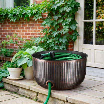 Monarch Abode Decorative Garden Hose Holder with Lid, Antique Copper Storage for Outdoor Use, 100 ft Water Hose Pot for Outside, Ridge Embossed Metal Pot with Drainage, Garden Storage Organizer
