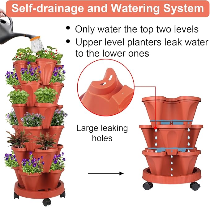 Vertical Planter 6 Tier Stackable Planters Garden Planters Strawberry Herb Flower and Vegetable Planter Indoor Outdoor Gardening Pots with Removable Wheels and Tools