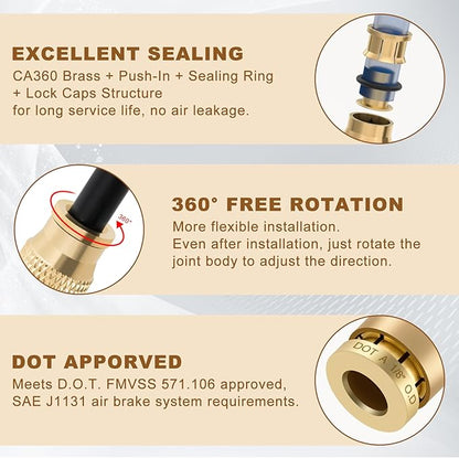 1/8" Quick Push to Connect Fittings Brass Union Straight Joint DOT Approved 1/8 inch tube OD Air Line Adapter Air Spring Suspension Kit for Car Truck Trailers and Air Brake System 10pcs