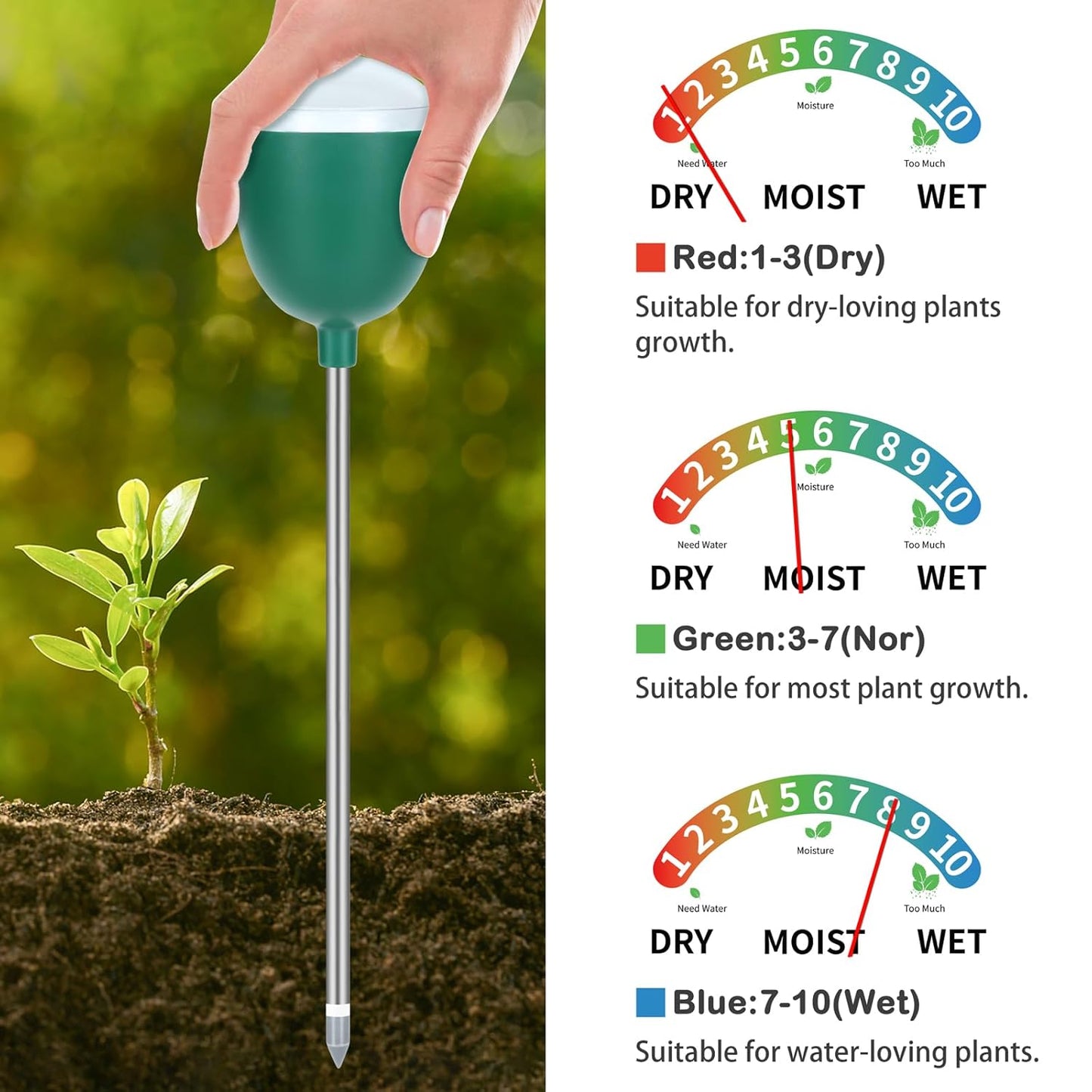 Soil Moisture Meter for Plant No Power Required Soil Hygrometer Plant Water Meter for Indoor and Outdoor Hous Plants, Garden, Farm, Lawn - Green
