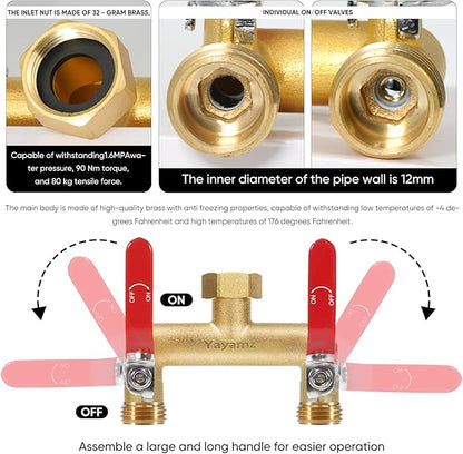 Garden Hose Splitter, 3/4” Rust and Freeze Resistant Outdoor Hose Manifold with 2 green Extra Long Handles Faucet Adapter-Heavy Duty Brass 2-Way Valve