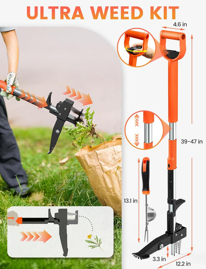 MAKEASY 2-Pack Upgraded Weed Puller Tool Kit with Long Adjustable Handle (39"-47"), Quick Weed-Eject Design, Lightweight Stand-Up Heavy Duty Weed Puller for Lawn, Yard, Garden