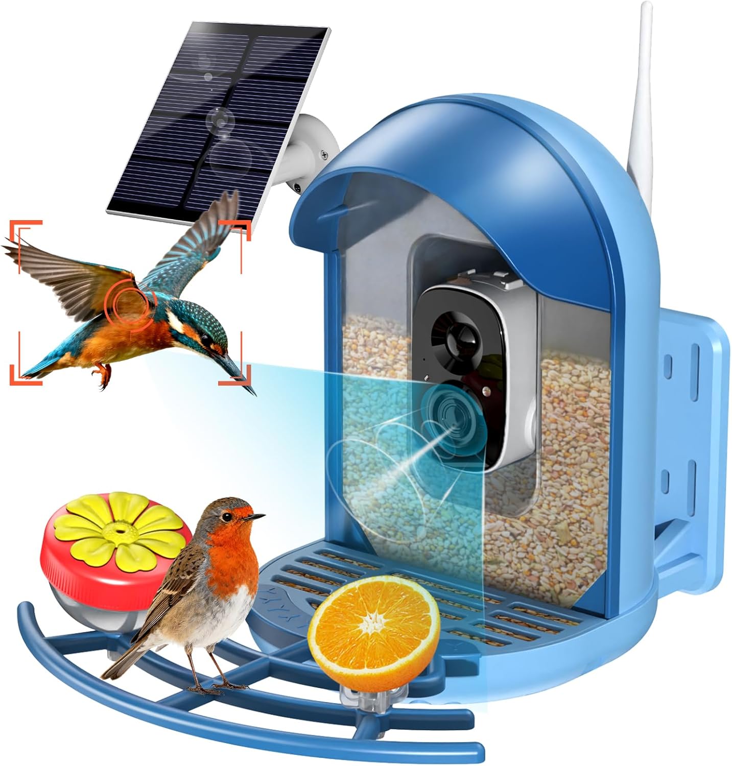 Smart Bird Feeder with 2K Camera, Solar Powered Wireless Birds House with APP Control, Night Vision, Motion Detection Alerts, IP66 Outdoor Birdfeeder for Backyard Garden Bird Watching,Blue