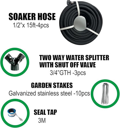4 Pcs AMRITA Soaker Hose Kit 1/2 inch 15ft.Round Rubber Soaker Hose for Garden,Save water up to 70%,Great for Garden Beds,Trees,Vegetables,Flowers and Seedinds.(1/2-15ftx4)