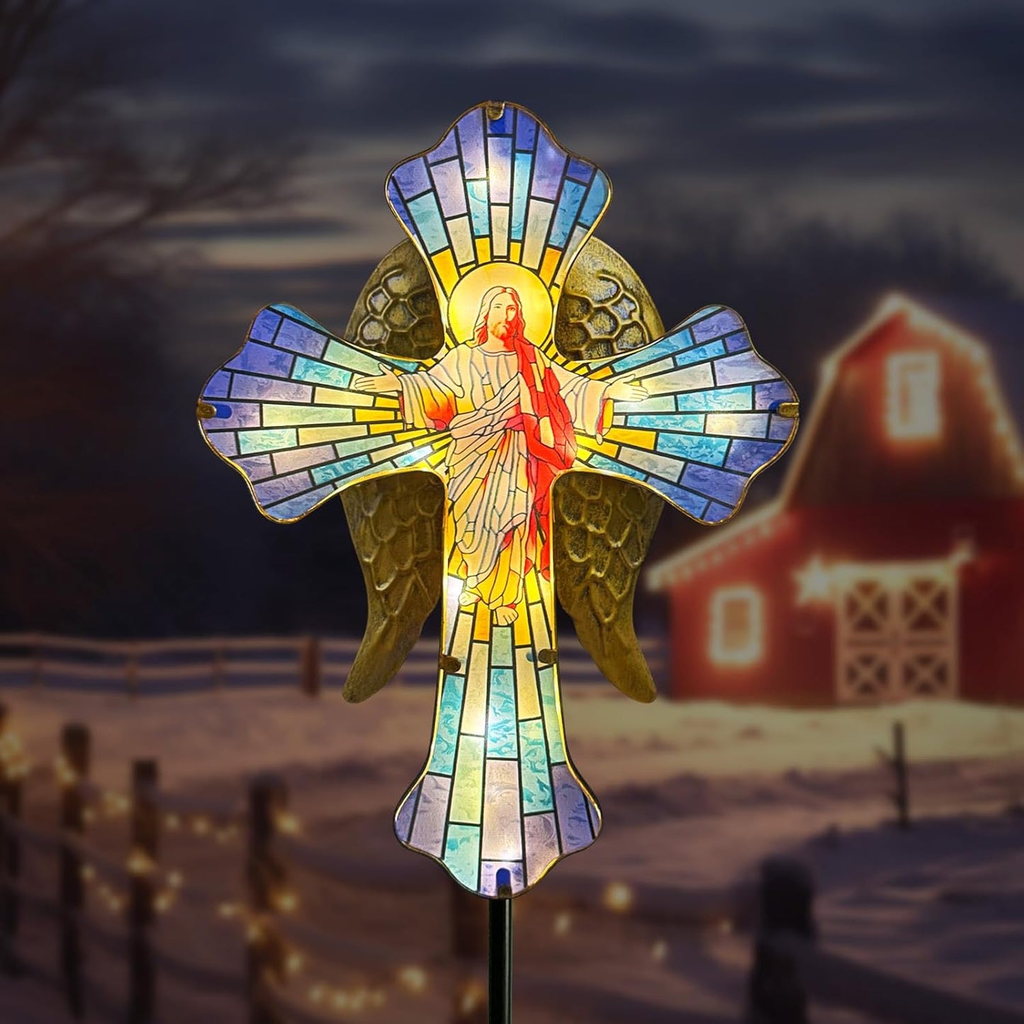 Solar Jesus Cross for Gemetery Graver,Golden Angel Wings,Grave Decorations for Cemetery,Sympathy Memorial Gifts,Christmas Yard Decor Outdoor