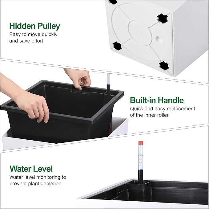 GarveeLife 30" Tall Planters Set of 2, Outdoor&Indoor Black Planter Pots, High Front Porch Planter Pots with Drainage Holes&Water Level Monitor Movable Wheels &Inner Bucket, Automatic Watering, White