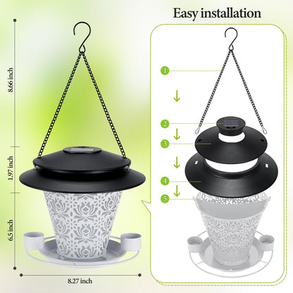 Solar Bird Feeders for Outside Hanging Metal Wild Bird Feeder Solar Lanterns Outdoor Waterproof Garden Decor for Yard White