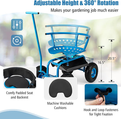 Goplus Rolling Garden Seat with Wheels, Outdoor Garden Cart with 360° Swivel Seat & Tool Storage, 2 Steering Handles, Gardening Stool Wagon Scooter, Lawn, Patio Gardening Workseat for Seniors